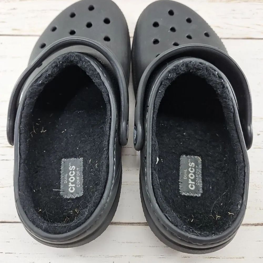 Crocs Youth Size J1 Black‎ Faux Fur Lined Clogs Slip On Shoes Slingback 203506
